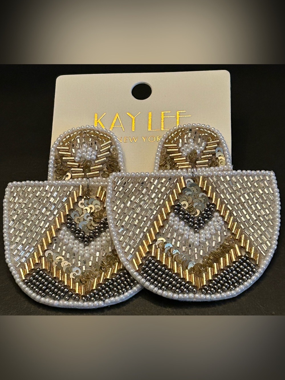 Kay Lee Gold and Off-White Hand Beaded Boho Design Statement Drop Earrings
